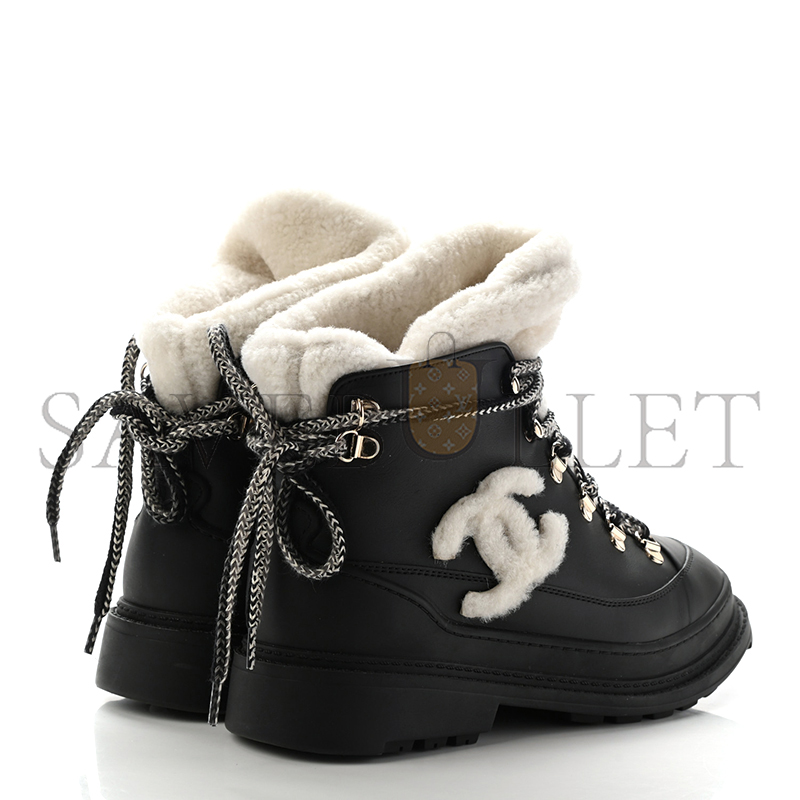 CHANEL CALFSKIN SHEARLING CC LACE UP BOOTS ‎G35376